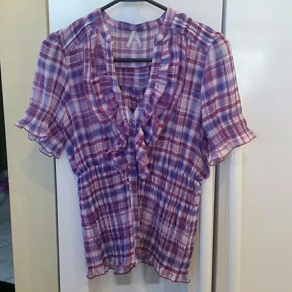 Purple plaid like dressy/casual see through top